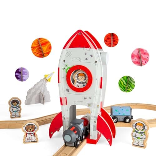 Image of Bigjigs Rail Rocket Ship | Wooden Railway Accessories | Spaceship & Astronaut Figure for Kids' Train Track Set | Space Toys for Imaginative Play | Wood Toy Rockets | Creative Gifts for 3+ Year Olds