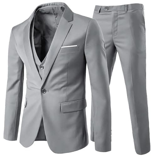 Image of Allthemen Mens Suits 3 Piece Slim Fit 1 Button Business Formal Blazer Jacket Waistcoat Trousers Wedding Light Grey M