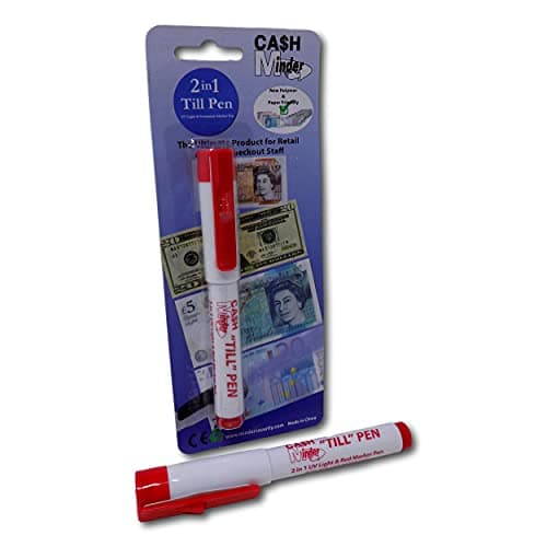 Image of Minder 2 in 1 Forged Note Till Pen with Integrated UV Light - Ideal for Detecting Counterfeit Paper and Polymer Currency (Permanent Ink - Red, 2 Pens)