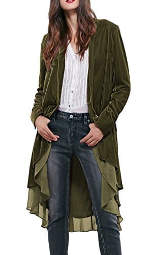 Image of R.Vivimos Autumn Winter Women Velvet Ruffle Coat Casual Vintage Long Jacket Collarless Classic Swallowtail Hem Blazer(Large,ArmyGreen)