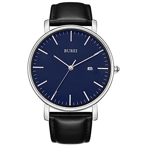 Image of BUREI Men's Watches, Classic Analogue Dial with Date Japanese Quartz and Ultra-Thin Stainless Steel Mesh Band (Blue White Black, Leather)
