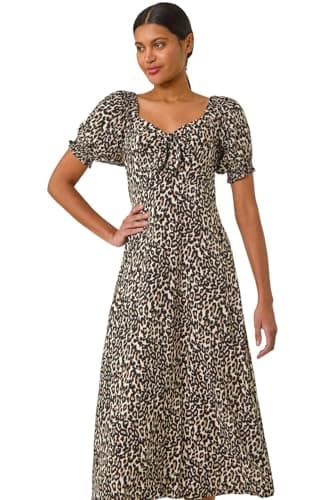 Image of Roman Floral Print Dress for Women UK Ladies Sweetheart Neck Ruched Midi Maxi Long Length Short Sleeve Flattering Casual Summer Spring Party Evening Going Out - Animal Black - Size 20