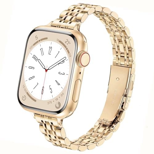 Image of wipalor Slim Stainless Steel Strap Compatible with Apple Watch Straps Women 42mm(Series 11 10) 41mm 40mm 38mm, Metal iWatch Strap, Ladies Band for Apple Watch Series 10 9 8 7 6 5 4 3 2 1 SE-Gold