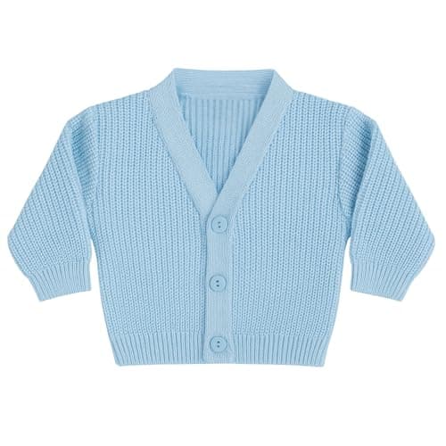 Image of Baby Togs Baby Knitted Cardigan - Soft Ribbed Knit, Boys and Girls Winter Knitwear, White, Blue, Pink, Newborn, Made in Portugal Blue 0-3 Months