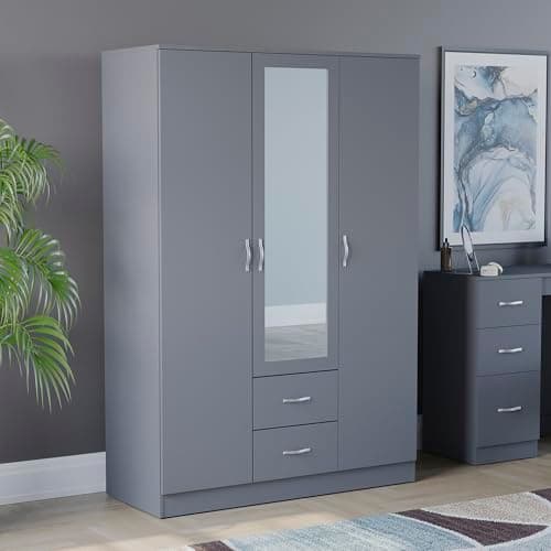 Image of Vida Designs Riano 3 Door Mirrored Wardrobe | Grey | Bedroom Furniture | 170H x 115.4W x 53D cm | with Shelf & Hanging Rail | Large Capacity Storage