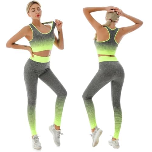Image of ZiaWorld Women Workout Outfits Set 2 Piece, Gym Set Seamless Ribbed Casual Comfortable Vest Short Top High Waist Leggings Sets, Sports Activewear Tracksuit Yoga Fitness Ladies Gym Wear, GREEN, L/XL