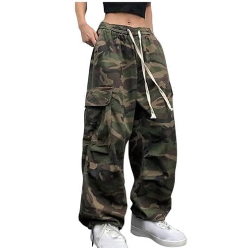 Image of Yolimok Ladies Camouflage Cargo Trousers UK Women Camo Straight Long Leg Cargo Joggers with Multiple Pockets Elasticated Waist Baggy Sweatpants Y2K Streetwear Loose Fit Vintage Tracksuit Bottoms