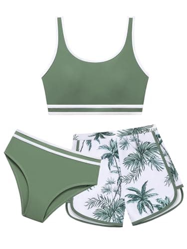 Image of URMAGIC Girls 3 Piece Swimsuits Bathing Suit Cross Color Matching Bikini Set with Shorts Kids Surfing Beach Swimwear