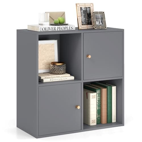 Image of COSTWAY 4-Cube Bookcase, 3-Tier Bookshelf Open Display Shelving Unit with Dual Anti-Tipping Kits and 2 Cabinets, Wooden Display Shelf Storage Organizer for Home Office, Living Room & Bedroom (Grey)