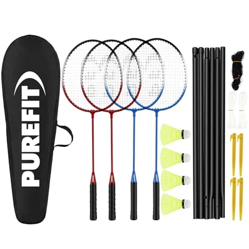 Image of PUREFIT Badminton Set with Net for 4 Players, All-Weather Badminton Racket Set with 4 Rackets, 4 Shuttlecocks, Poles & Anchors & Carry Bag - Easy Setup Portable Badminton Net for Garden & Beach