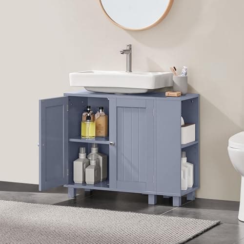 Image of Yaheetech Under Sink Bathroom Cabinet, Bathroom Storage Cupboard Furniture with 2 Doors, Adjustable Shelves and Open Side Storage Unit Grey