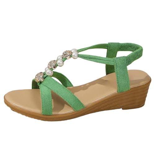 Image of Momolaa Dressy Wedge Sandals for Women UK Size 6 Comfort Summer Beach Sandals Slip-On T-Bar Beaded Glitter Bohemian Wedges Walking Sandal with Elastica Back Strap Gifts Footwear Green
