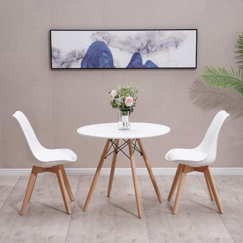 Image of JupiterJX Modern Design Dining Table And Chairs Set 2, Round Kitchen Table Tulip Retro Lounge Chairs With Wooden Legs, Complete Dining Set White Table 80cm With Chairs For Home Office (White, 2 Chair)