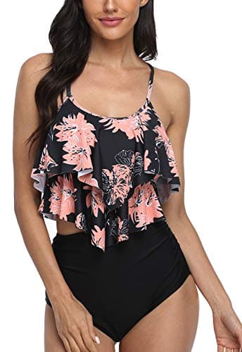 Image of Sixyotie Swimsuit for Women Two Piece Bathing Suits Ruffled Top with High Waisted Bottom Bikini Sets Swimwear (Aorangeleaf, M)
