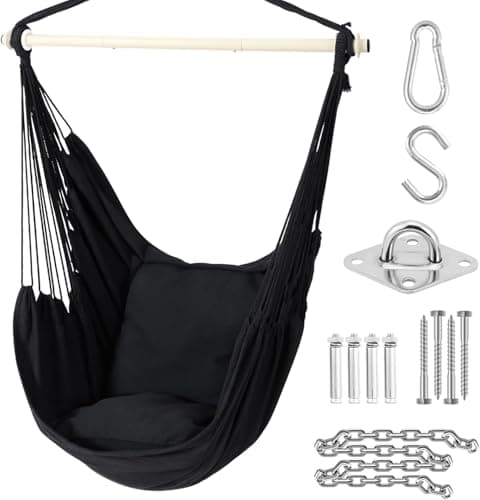 Image of Swing Chair with Hardware Kit: Ohuhu XL Portable Hanging Chairs with 2 Cushions Detachable Metal Support Bar Side Pocket for Indoor, Hammock Chair for Patio Bedrooms Teen Girls Room Decor, Black