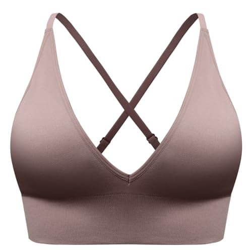 Image of SUNSESS Sports Bra for Women Seamless Deep V Comfort Non Wired Bra Versatile Criss Cross Padded Medium Support Yoga Crop Top Bralette (UK, Alpha, M, Regular, Regular, Standard, Brown)