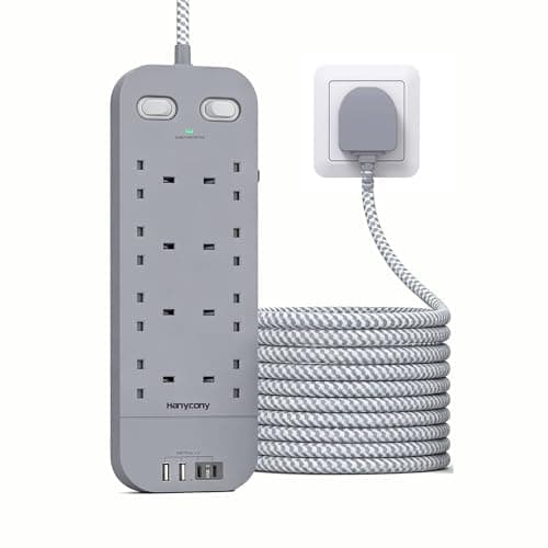 Image of 3M Gray Extension Lead with 8 AC Outlets & 4 USB Ports (1800J Surge Protection), Dual Switch Power Strip with 10FT Braided Extension Cable for Home, Dorm & Office