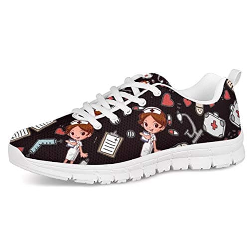 Image of UOIMAG Women Teens Girls Trainer Black Medical Pattern Nurse Casual Shoes Breathable Mesh Shoes Lightweight Lace Up Casual Shoes 43EU