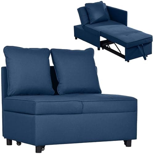 Image of HOMCOM Convertible Single Sofa Bed with Thick Padded Seat, 3-in-1 Multi-Functional Sleeper Chair Bed with Magazine Pocket, for Living Room, Blue
