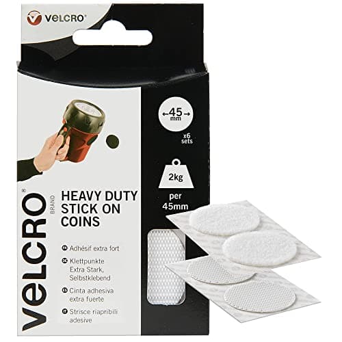 Image of VELCRO® Brand | Heavy Duty Stick On Coins | Industrial Strength Hook & Loop Self Adhesive Sticky Coins Perfect for Room Décor & Home, Office, Garage Use | White | 45mm x 45mm | Set of 6