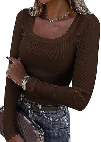Image of TrendiMax Womens Long Sleeve Tops Square Neck Knitted Shirts Fitted Basic Casual T Shirts Dark Brown