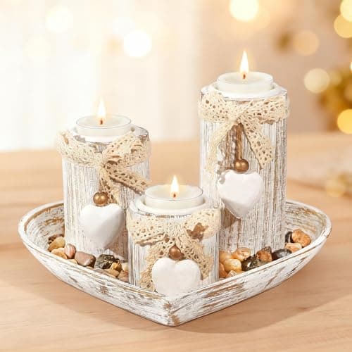 Image of GoMaihe Tealight Candle Holders with Tray: 3-Pcs Wooden Candlestick Set for Dining Table Centrepiece Ornaments for Living Room, Gift for Mum Birthday Present, Heart