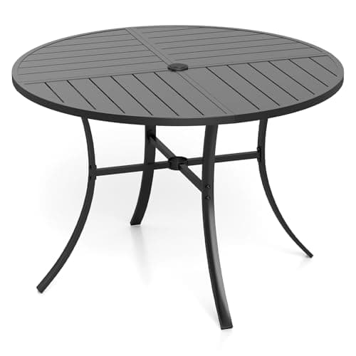 Image of COSTWAY 108cm Garden Table for 4, Round Outdoor Dining Table with Adjustable Umbrella Hole, Metal Slatted Patio Table Furniture for Balcony Backyard Terrace Porch