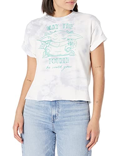 Image of STAR WARS Women's The Mandalorian Fourth of Grogu Fast Fashion Short Sleeve Tee Shirt T, White/Blue, XL