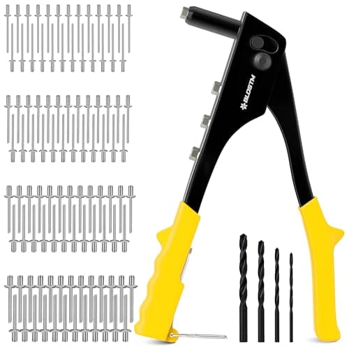 Image of BLOSTM Pop Rivet Gun Kit - 100 PCS Pop Rivets in 4 Sizes (2.4mm 3.2mm 4mm 4.8mm) Pop Riveter Gun, 4 Rivet Nosepieces, 4 Drill Bits - Hand Riveter for Metal, Plastic, Auto Repairs, Furniture (Yellow)