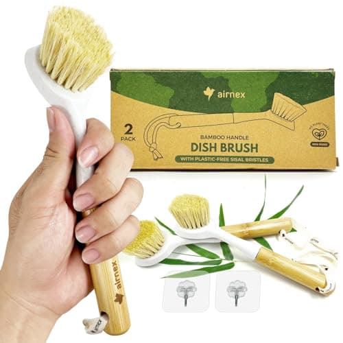 Image of AIRNEX Bamboo Dish Brush Set of 2 - Dish Brush with Handle, Washing Up Brush for Kitchen, Bamboo Scrub Brush with Sisal Bristles, Non Scratch Dish Scrubber, Plastic Free Cleaning Brush Set