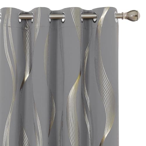 Image of Deconovo Blackout Eyelet Curtains Thermal Insulated Gold Wave Line Foil Printed Curtains for Bedroom 46x54 Inch Light Grey 2 Panels