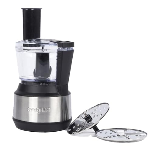 Image of Salter 3 in 1 Electric Food Processor – 600ml Vegetable Chopper, 2 Speed Settings, Durable Stainless-Steel Blade, Shred & Slice Disc, Feeding Chute & Pusher for Oils/Dressings, Food Prep, 300W