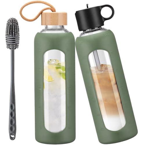Image of HYDRAGLAZIC 750ml Glass Water Bottle With 2 Lids-Flip Straw Lid, Bamboo Lid, Glass Water Bottle With Silicone Sleeve, Motivational Time Marker, Glass Juice Bottle for Cold Drink,Olive