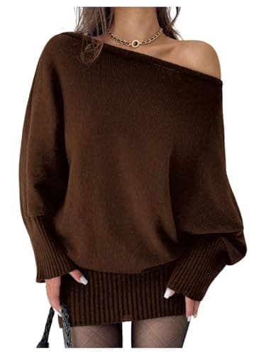 Image of GORGLITTER Women's Asymmetrical Off Shoulder Jumper Dresses Rib Knit Long Sleeve Mini Trendy Fall Winter Dress Coffee Brown Large