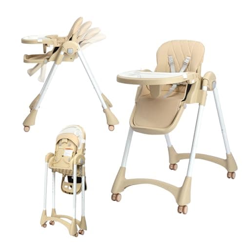 Image of Bonnlo Baby Foldable High Chair, Adjustable Height with 7 Positions, 4-Level Reclining Seat & Detachable Double Tray, Highchair for Toddlers 6 Months to 3 Years (Beige)