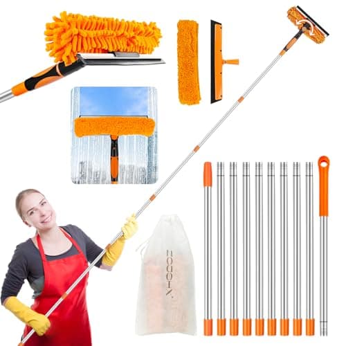 Image of Window Cleaning Tools Window Squeegee: 2 in 1 Double-Sided Professional Cleaner Window Washing Kit with Extension Pole 20+ Ft Duster for High Ceilings Microfiber Scrubber for Indoor Outdoor High Glass