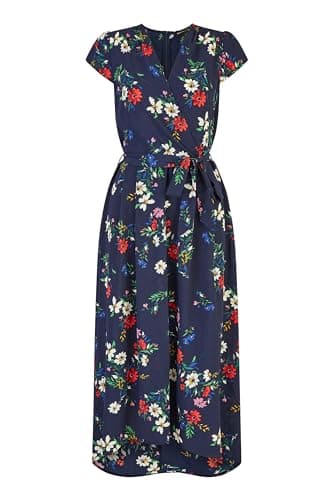 Image of Mela London Mela Navy Daisy Print Wrap Over Midi Dress with Dipped Hem 10 Navy