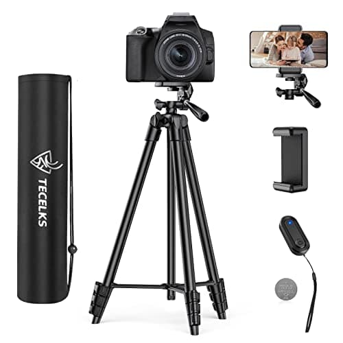 Image of Lightweight Tripod 55-Inch/135cm, Video/Phone/Light Camera Tripod Stand with Wireless Remote Shutter, Phone Clip, Carry Bag for Travel/YouTube Video/Photography/Vlog, Compatible with iOS & Android