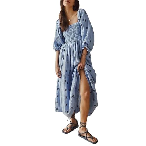 Image of FeMereina Women Floral Embroidered Maxi Dress Long Puff Sleeve Square Neck Bohemian Flowy Dress with Pockets Smocked Sundress (Sky Blue, L)