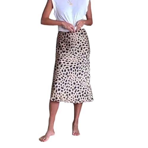 Image of SANSIWU Womens Satin Skirts Casual Leopard/Solid Color High Waisted Elastic Elegant Silk Long Skirts A Line Flared Midi Skirt Clubwear (Leopard, L)