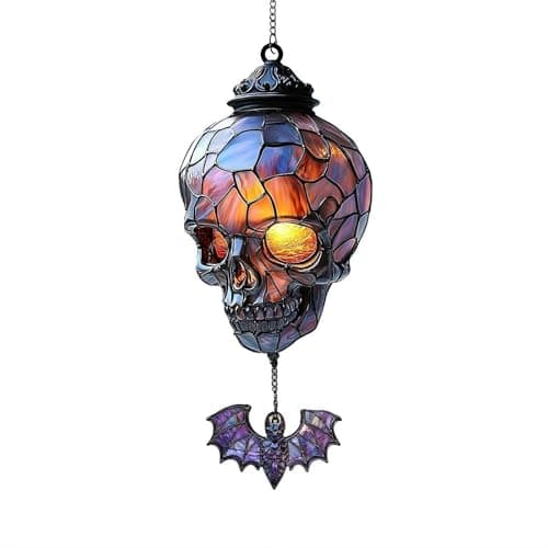 Image of Gothic Skull Suncatcher Stained Glass - Vintage 2D Window Hanging Decoration, Spooky Skull Ornament for Home Wall Garden, Halloween Horror Decor and Gothic Decorations (Bat)