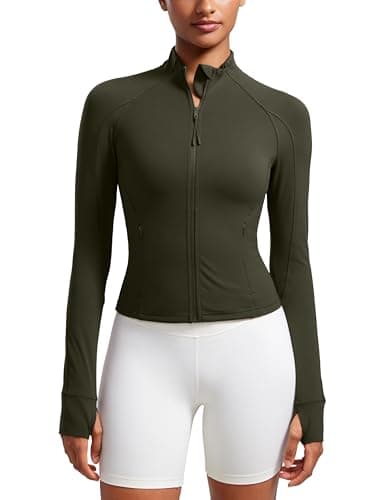 Image of CRZ YOGA Women's Butterluxe Full Zip Running Jacket Pockets Outdoor Sports Cropped Jackets Gym Long Sleeve Top with Thumb Holes Olive Green 10