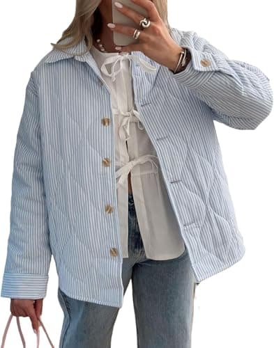 Image of Suncadmious Women's Lightweight Quilted Jacket Y2K Striped Lapel Button Autumn and Winter Thickened Jacket Vintage Short Cotton Quilted Trench Coat Jacket (Blue,L)