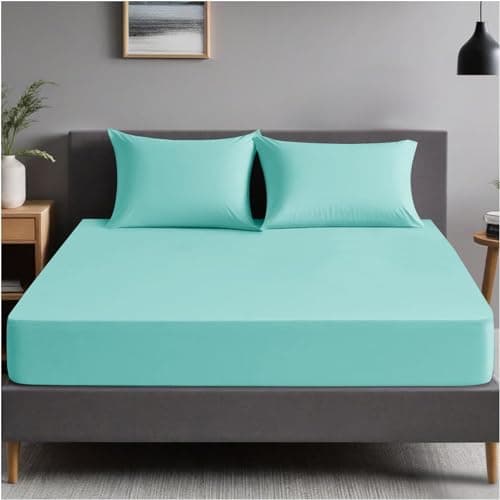 Image of HOMES-LINEN 200 Thread Count 100% Egyptian Cotton 30 CM Deep Pocket Fitted Sheet (Aqua, Double)