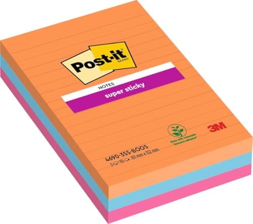 Image of Post-it Super Sticky Large Notes, Lined, 270 Sheets, Pack of 3 Pads, 101 mm x 152 mm - Holds Strong to Many Surfaces - Bright Colours - for Walls, Monitors and Fridge, Recycable
