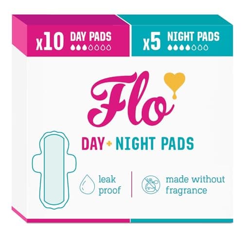 Image of Flo Bamboo Period Pads – Super Absorbent, Breathable, Silky Soft Sanitary Towels – Winged Day & Night Combo Pack – 10 Day, 5 Night – 15 Count