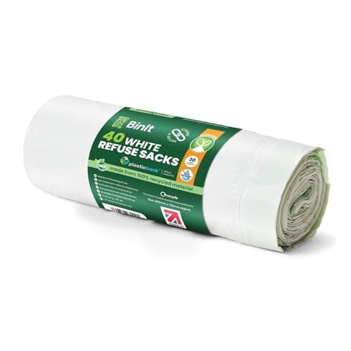 Image of BIN IT 40 White Drawstring 30L Strong & Secure, Refuse Sacks, Bin Bags, Bin Liners, Recycled, Tear Resistant, 30 μm, Perfect for Everyday Use, Household, Office, Kitchen & Caterers