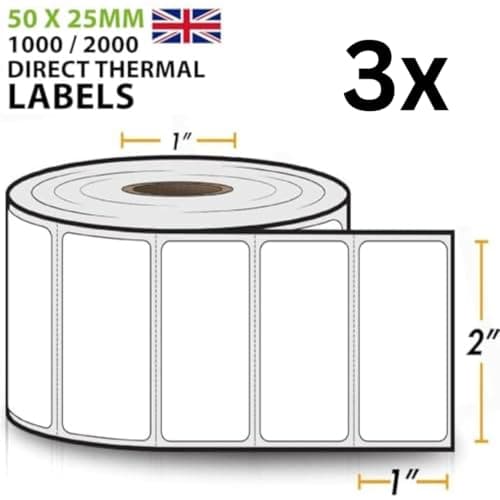Image of 3X 1000 Direct Thermal Self-Adhesive Labels - 2" X 1" | 50mm x 25mm Perforated UPC Barcode FBA Compatible with Rollo & Zebra Desktop Printers - 3 Rolls, 3000 Total