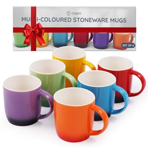 Image of CUQOO Colourful Stoneware Mugs Set of 6 – Ceramic Coffee and Tea Cup Set | Durable Everyday Mugs for Hot Drinks Dishwasher and Microwave Safe 350ml