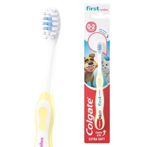 Image of Colgate Kids Toothbrush 0-2 Years - Baby Toothbrush - Extra Soft bristles - Gently and Effectively Clean First Teeth - Small Brush Head - Blue bristles Toothpaste Guide - Non-Slip Handle